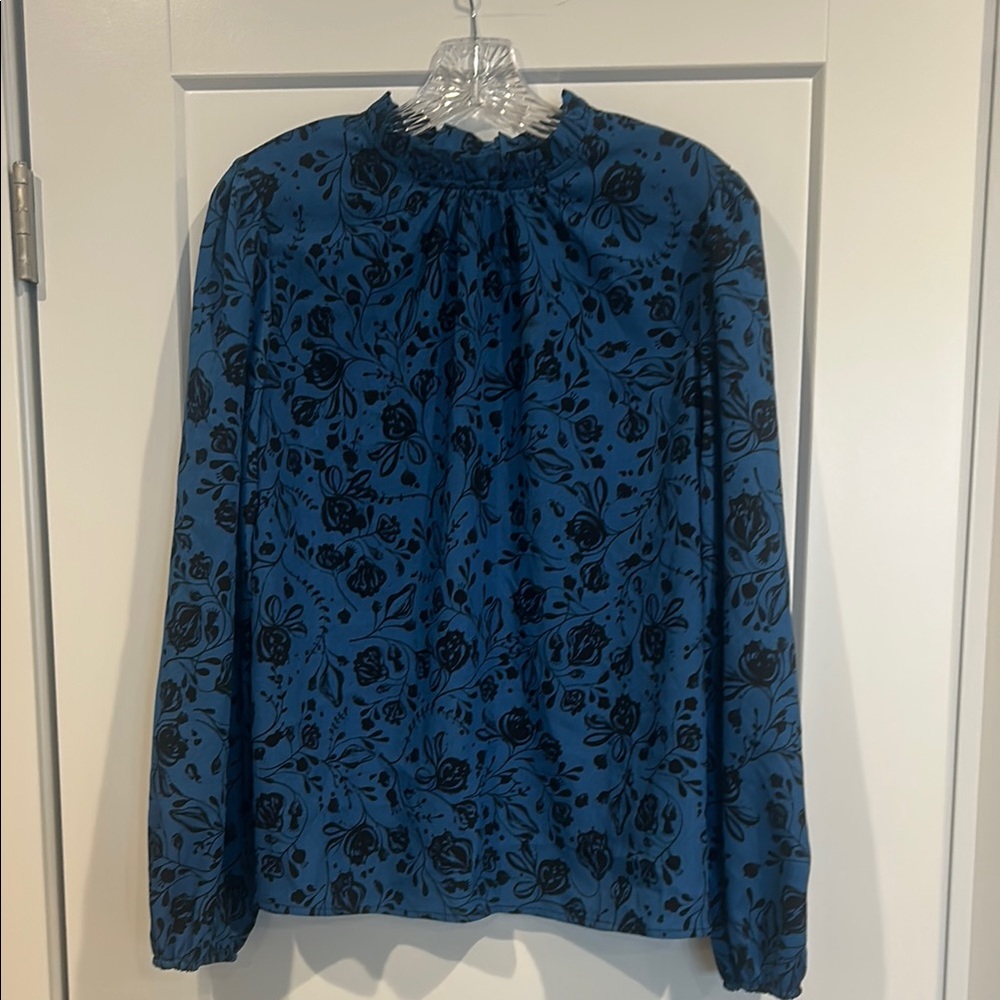 SHEIN Blue and Black Ruffled Long Sleeve Blouse with Bib Collar size XL.
